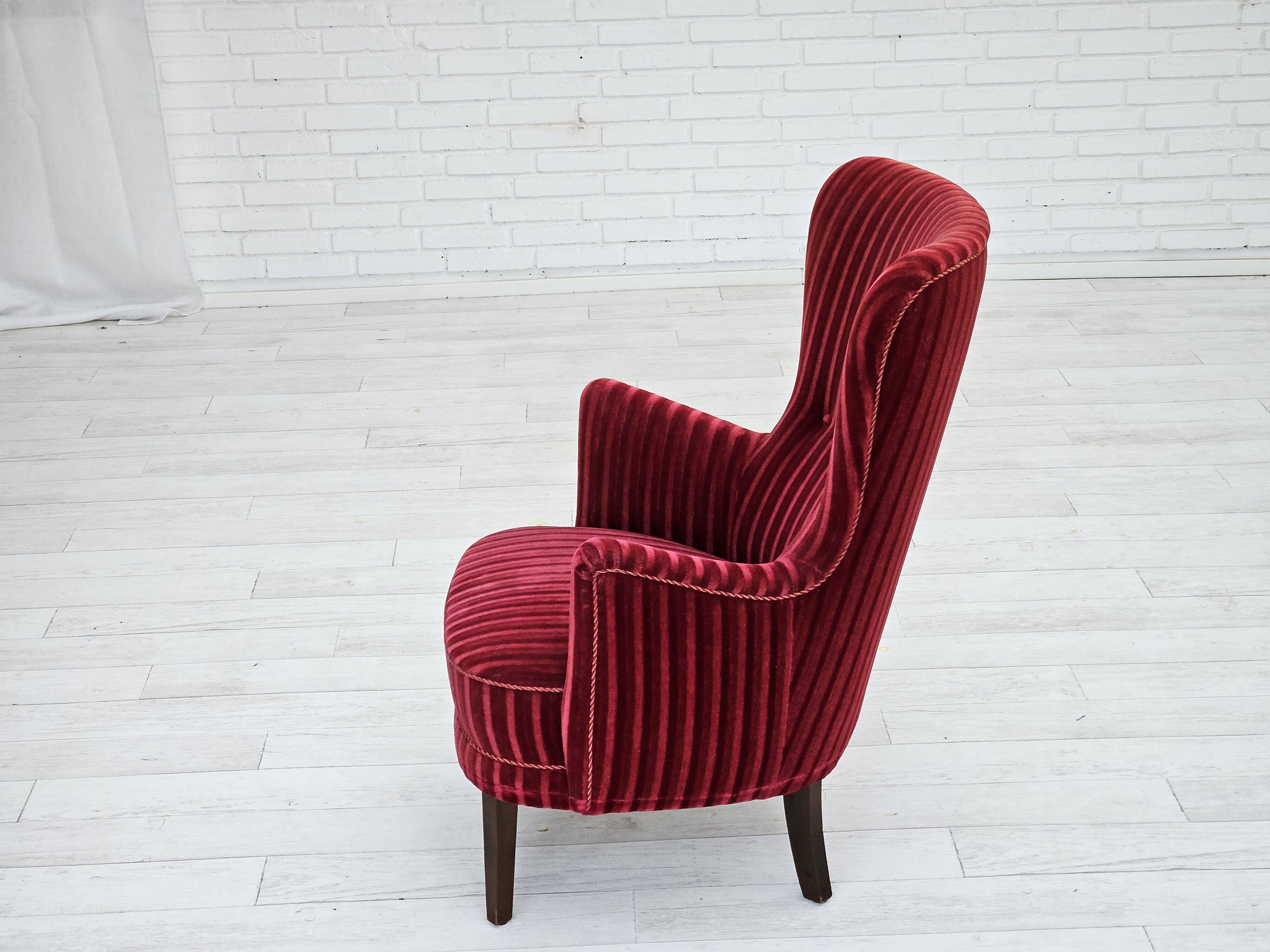 1960s, Danish armchair in cherry-red furniture velour, original condition.