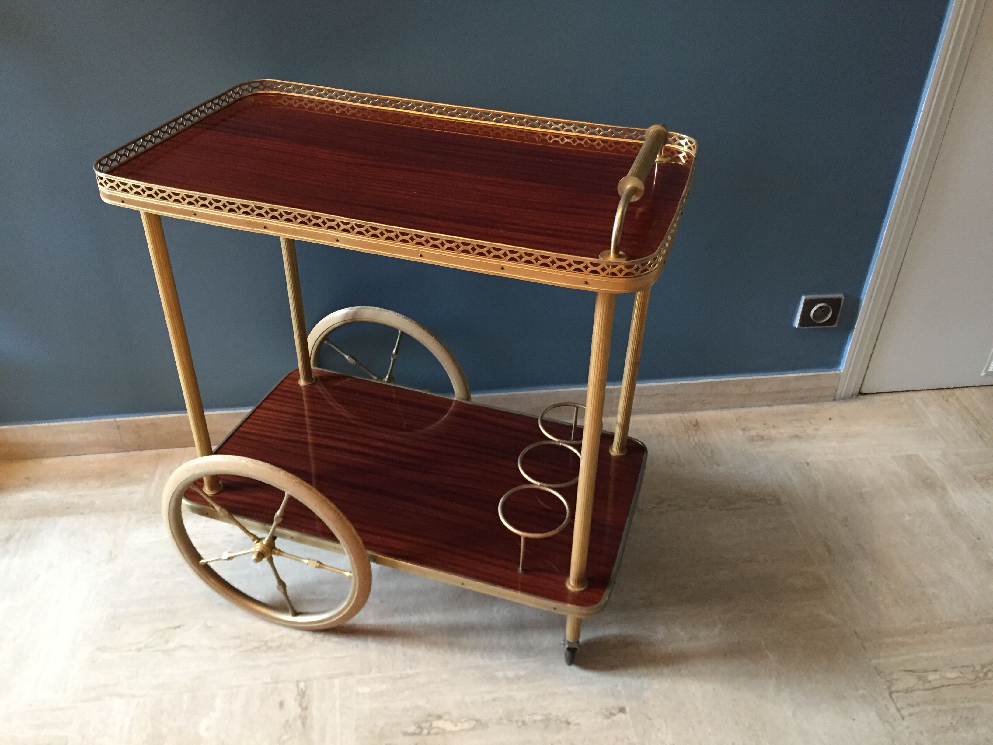 Serving wheels gold metal and wood vintage 1960