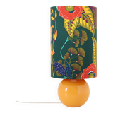 Lampe à poser, pied en céramique émaillée jaune et abat-jour imprimé