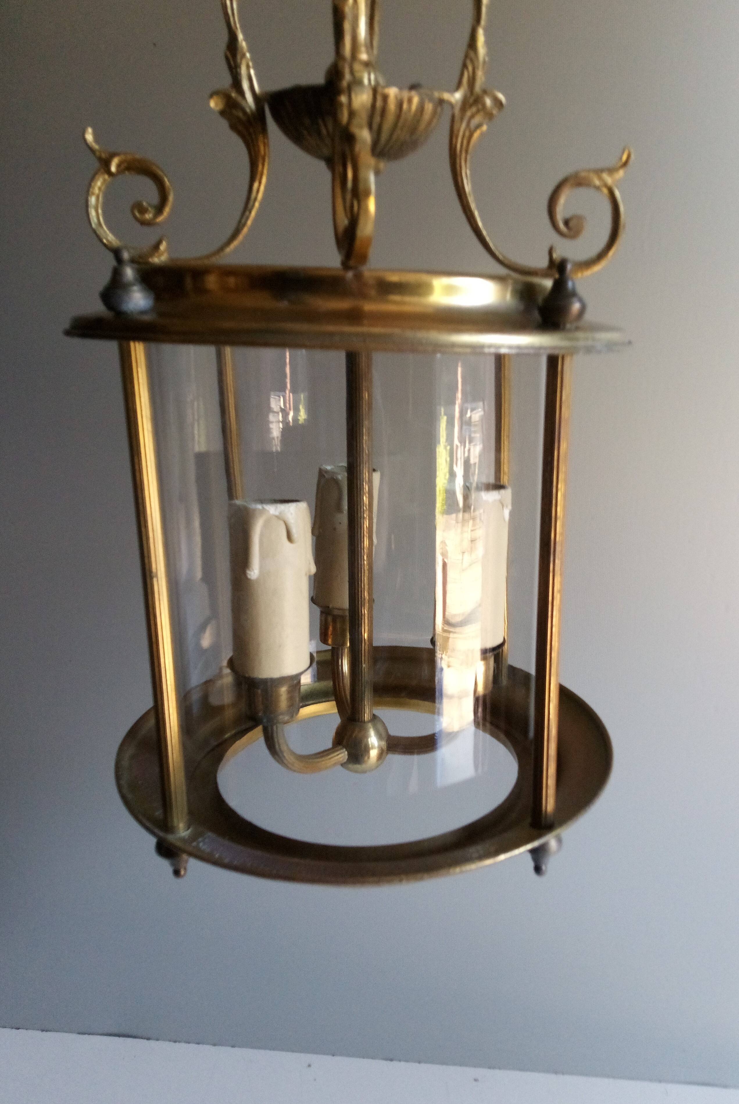 Antique entrance hall lantern - 3 lights - brass & convex glass