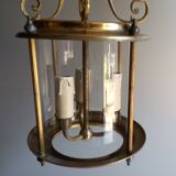 Antique entrance hall lantern - 3 lights - brass & convex glass