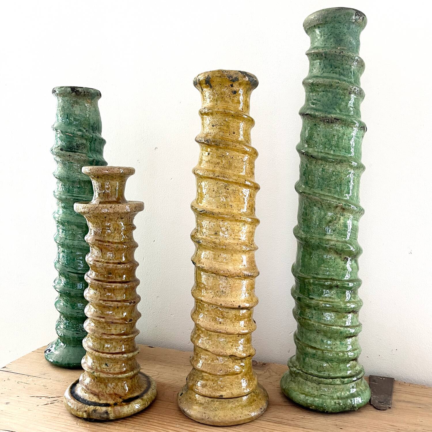 Green enamelled terracotta candle holder 50 cm