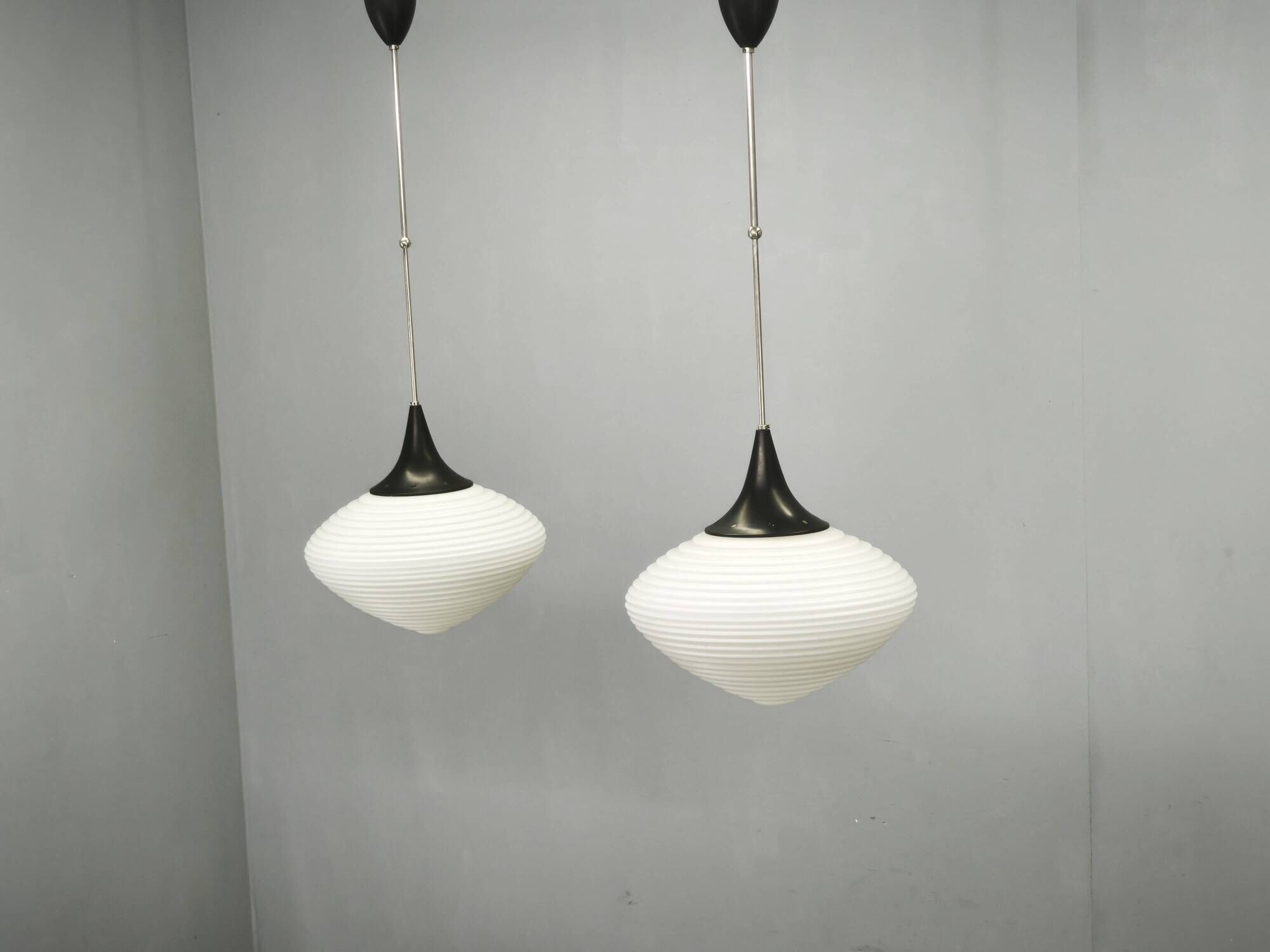 Pair of Space Age Opaline Glass Pendants, Czechoslovakia, 1970s