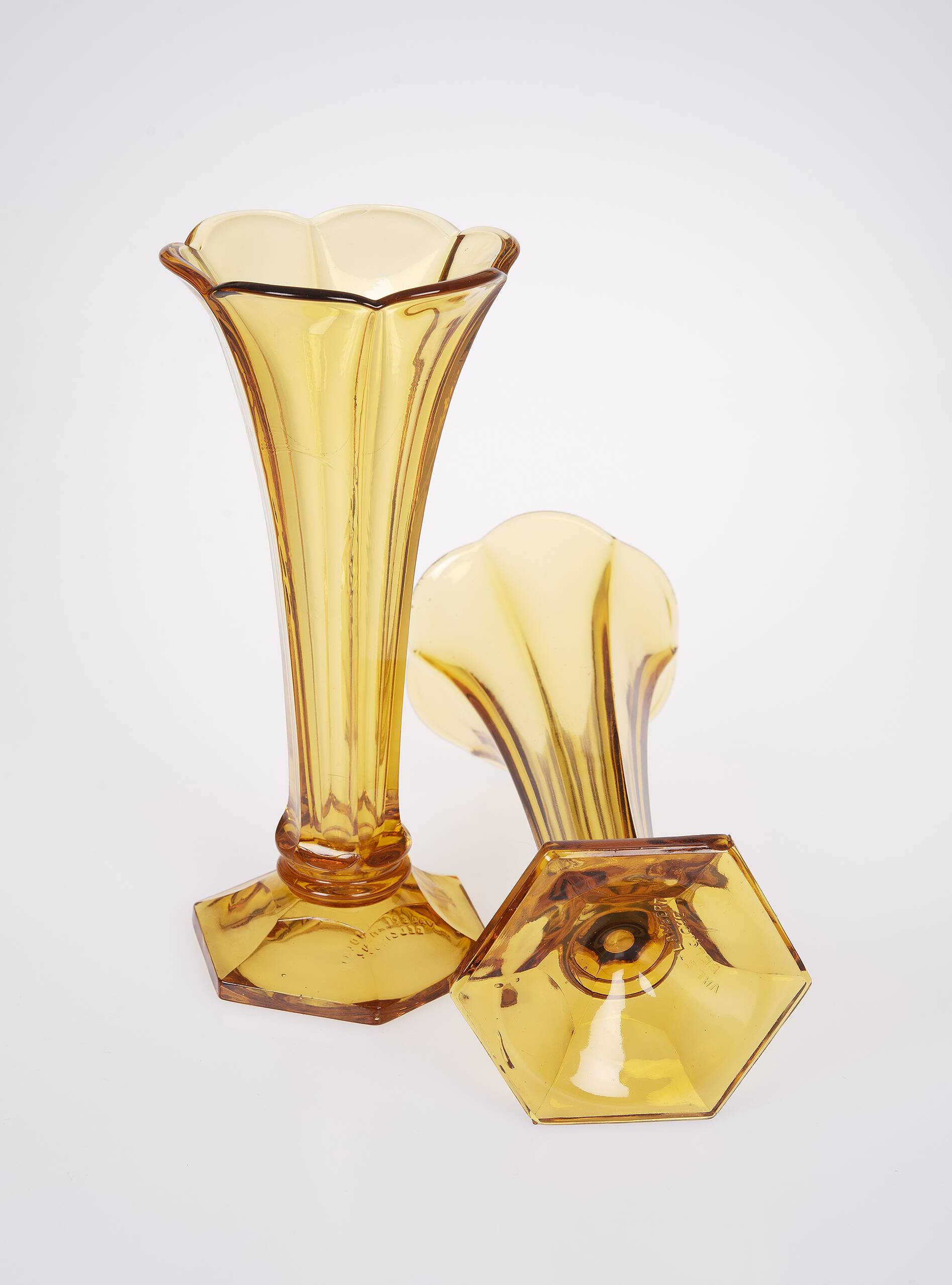 Art Deco Val Saint Lambert Belgian amber glass tulip vases, set of 2.