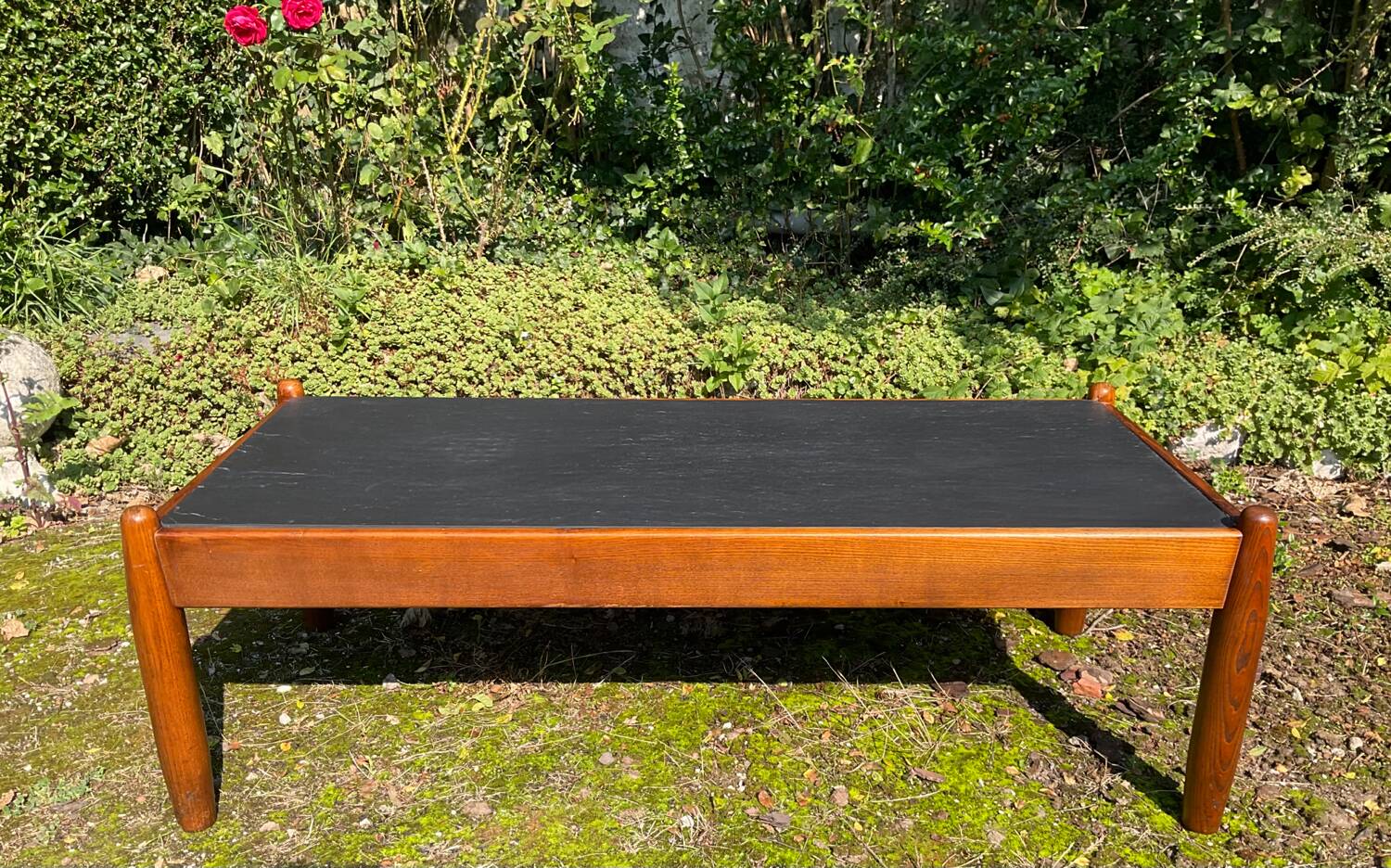 Solid oak and slate coffee table from the 50s-60s