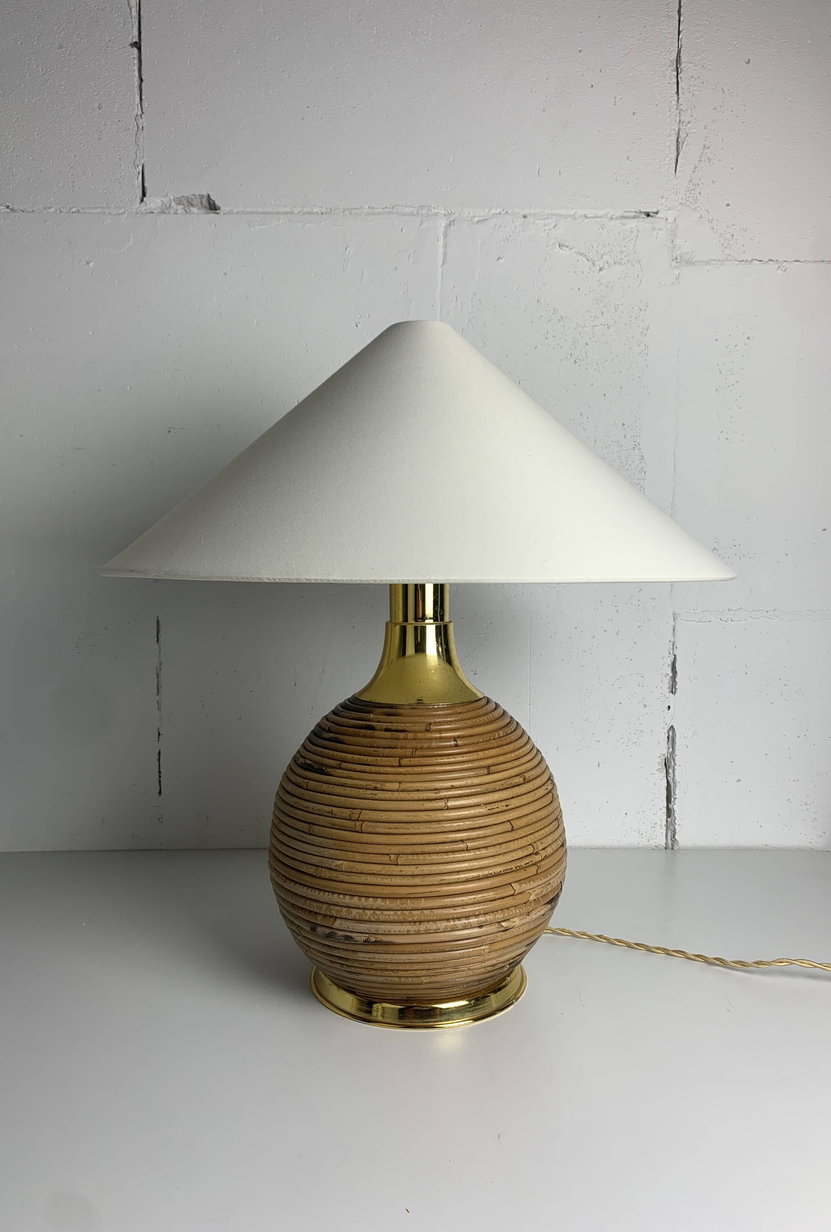 Large midcentury pencil reed rattan bamboo and brass table lamp Italy 1970s