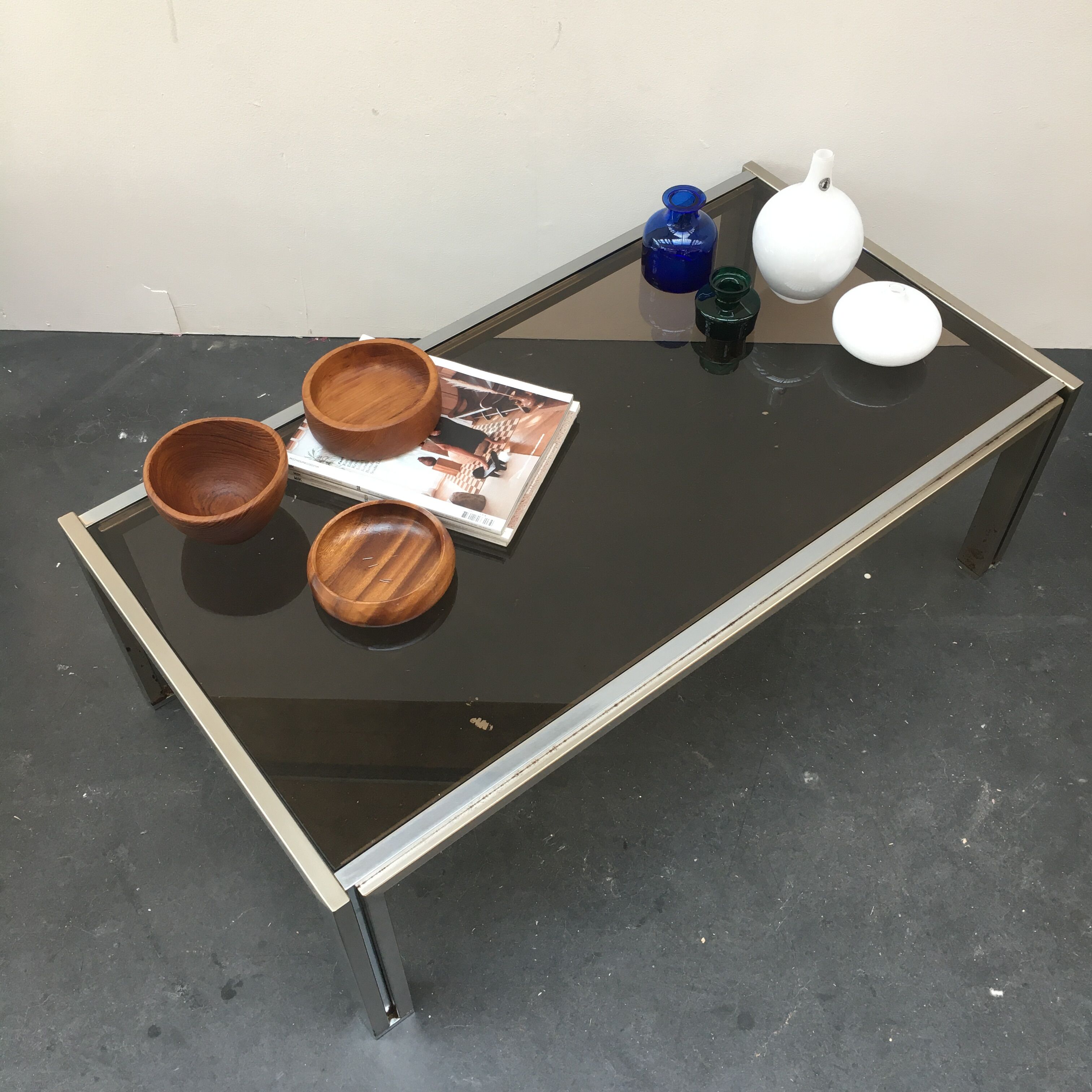70s coffee table in chrome and smoked glass