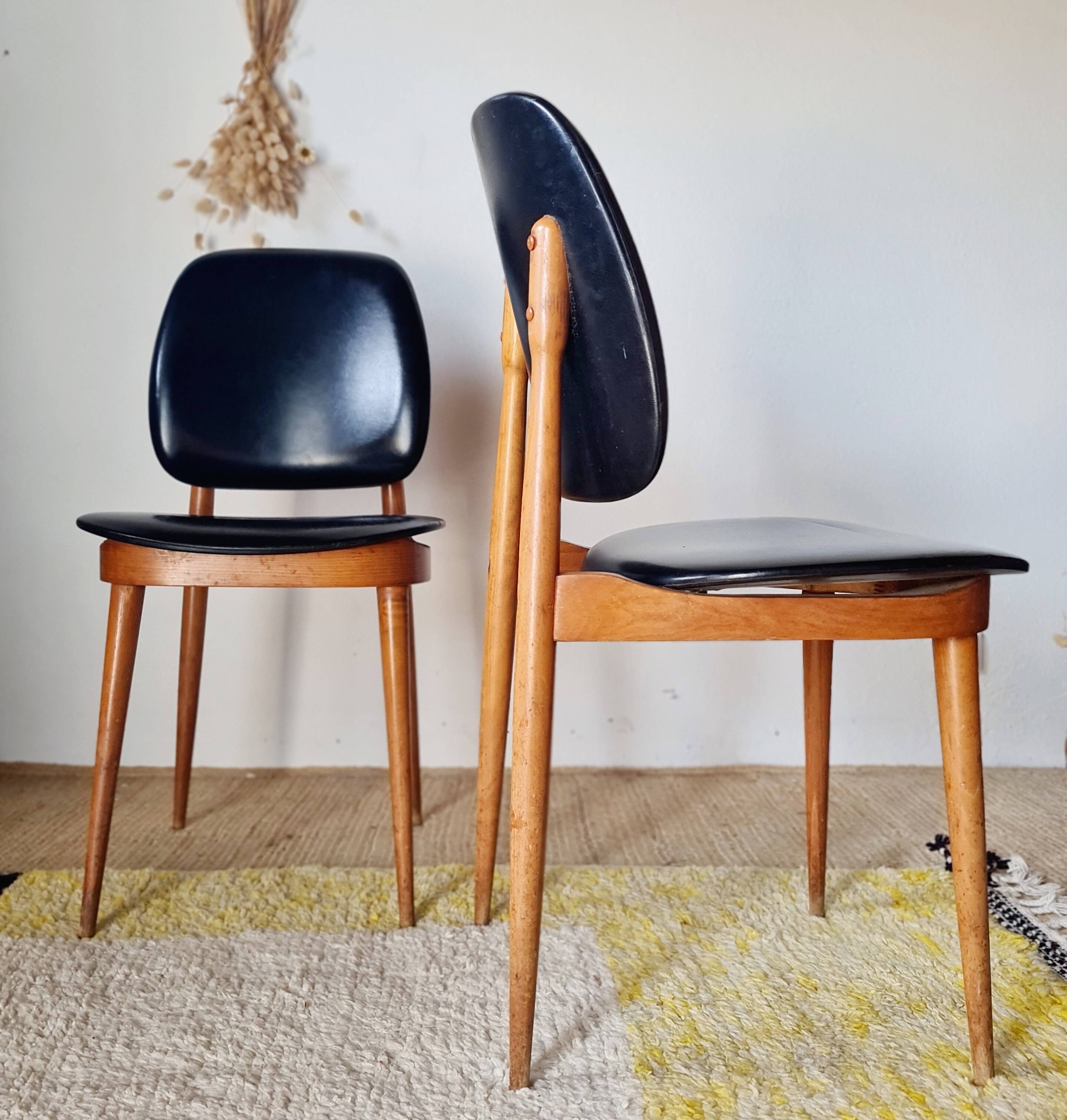 Pair of vintage 1960 chairs – Tapered legs & Black faux leather