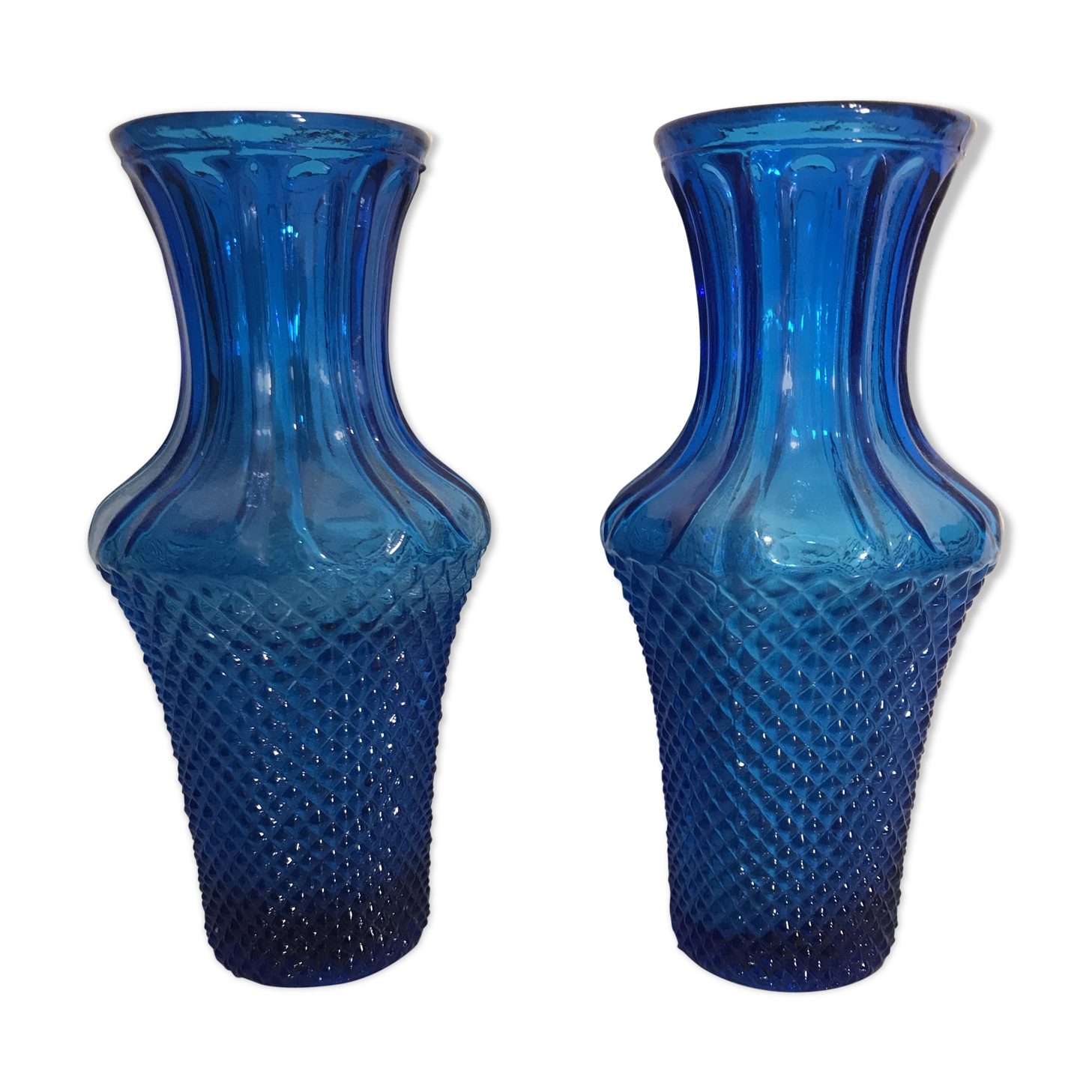 Pair Of Vase Ancient Art Deco Glass Molded Blue Geometric Shape Vintage
