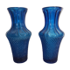 Pair Of Vase Ancient Art Deco Glass Molded Blue Geometric Shape Vintage