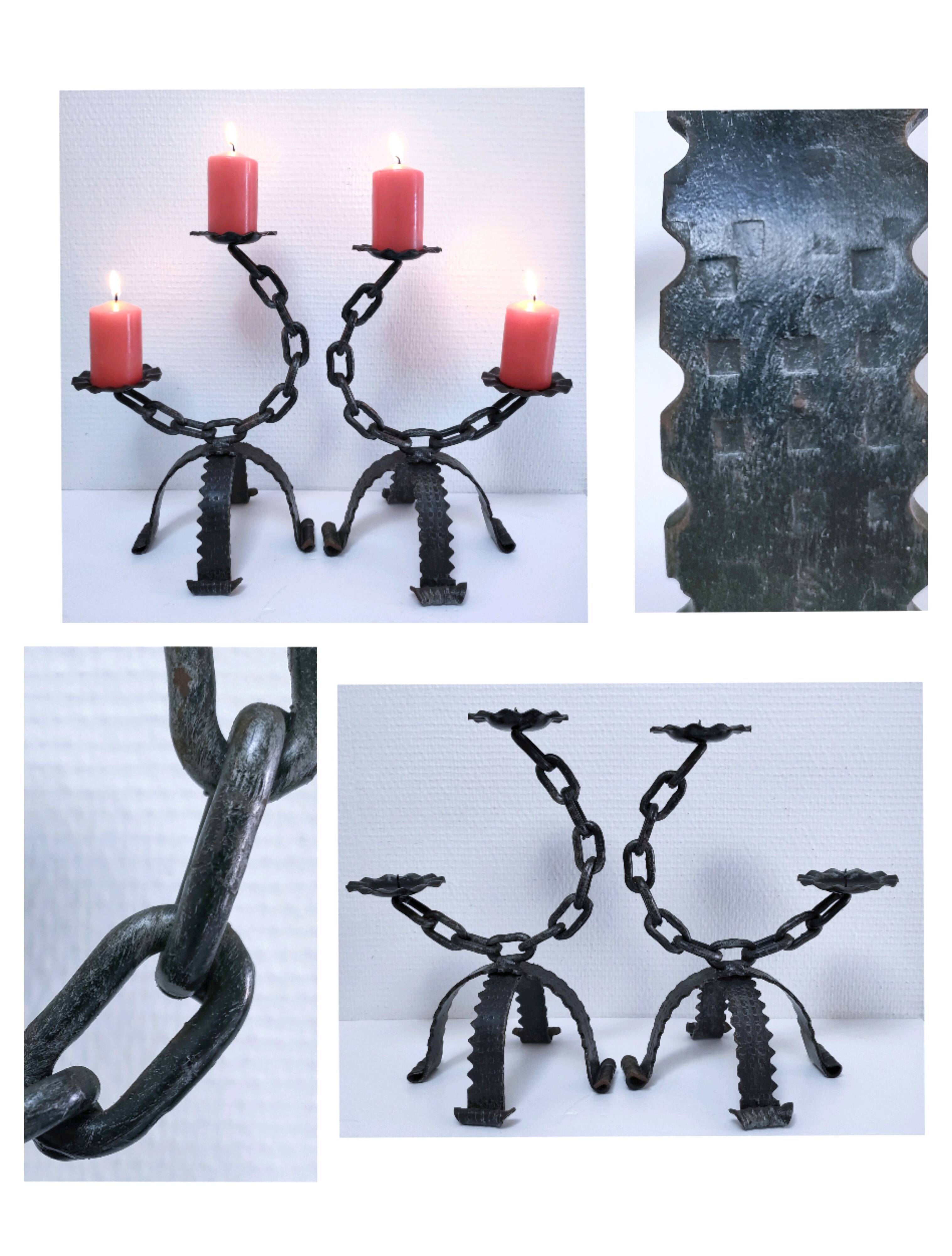 Pair of brutalist 60s metal chain candle holders
