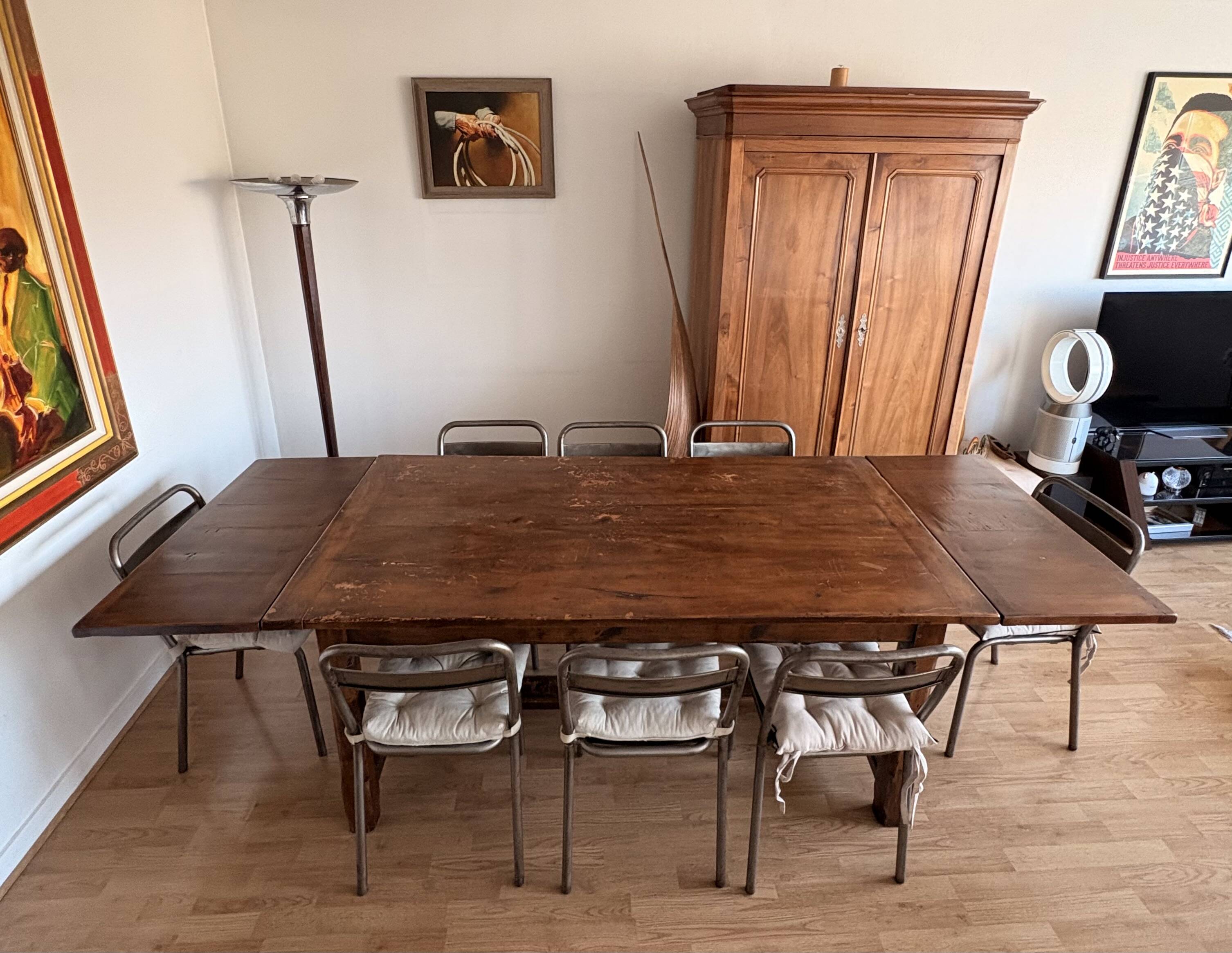 Solid cherry farmhouse table + 8 metal chairs - 2 extensions