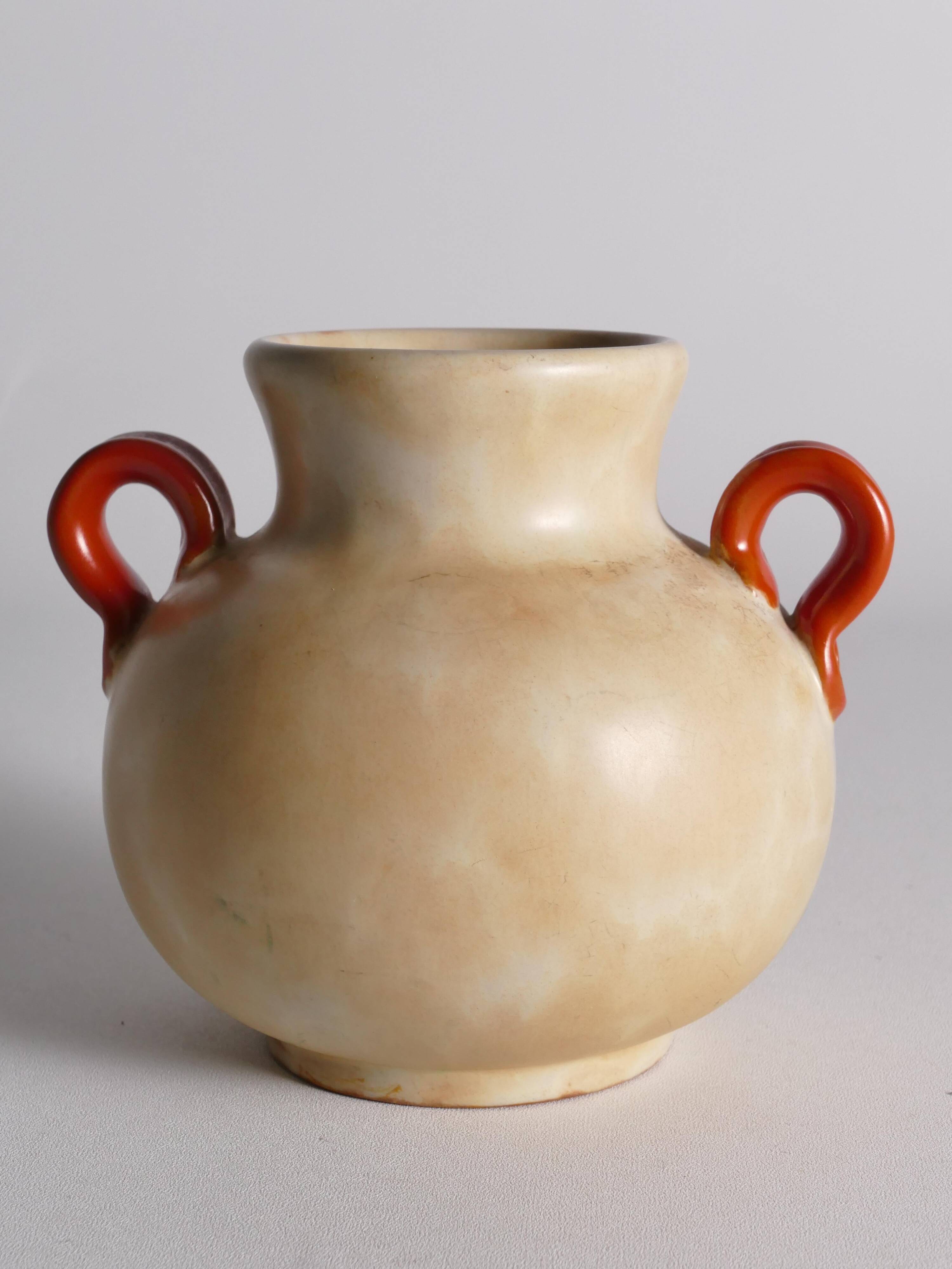 Art Deco Ceramic Beige Vase with Red Handles by Anna-Lisa Thomson, Upsala Ekeby