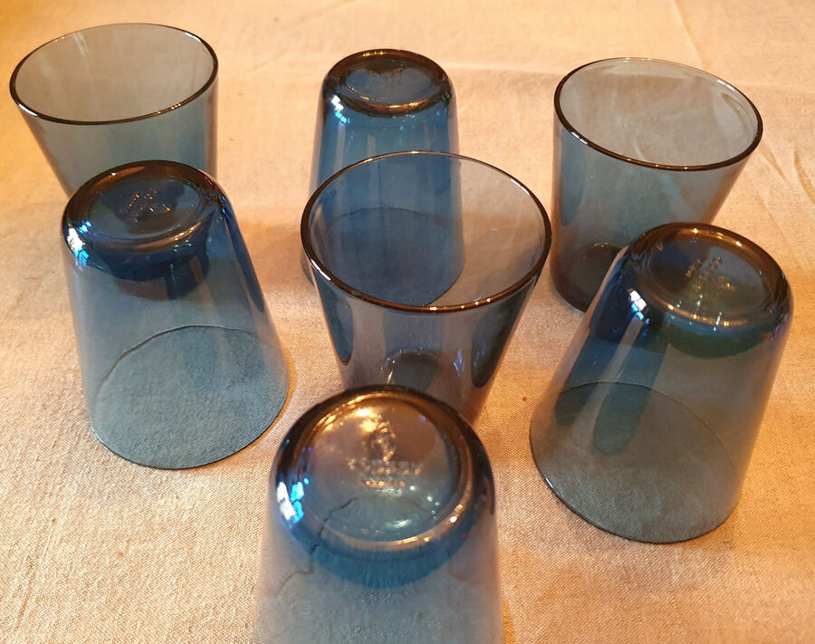 7 vintage blue water glasses