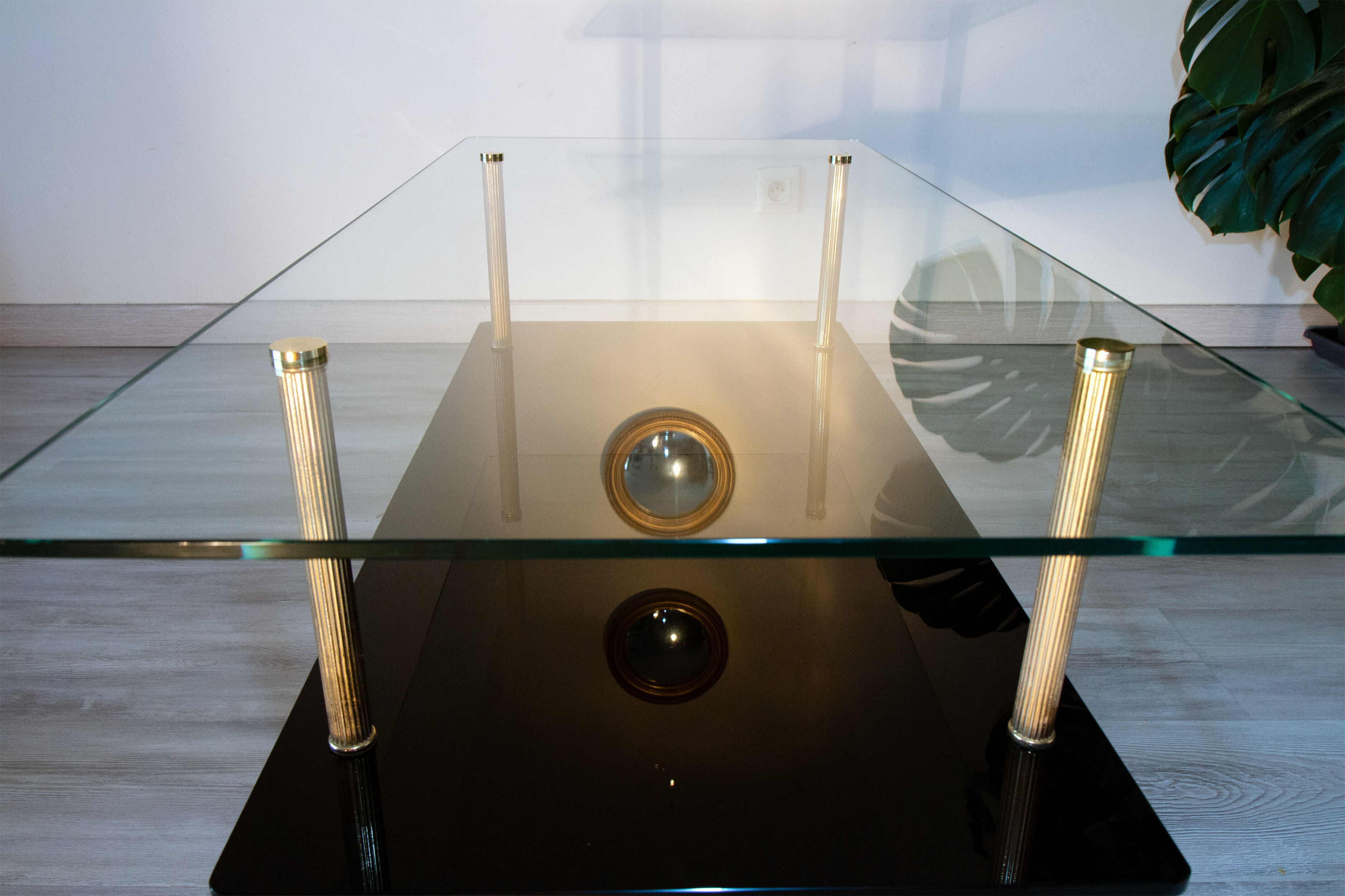 Double coffee table top of glass and gilded metal, 1950