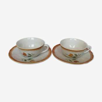 2 Old Badonviller Orange and Green Flower Cups and Sauces - Coffee or Tea Service for 2