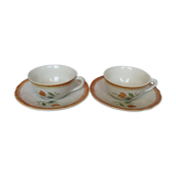 Set de 2 tasses et soucoupes anciennes Badonviller Fleur Orange et Vert - Service à Café ou Thé pour 2