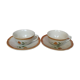 2 Old Badonviller Orange and Green Flower Cups and Sauces - Coffee or Tea Service for 2