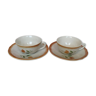 2 Old Badonviller Orange and Green Flower Cups and Sauces - Coffee or Tea Service for 2