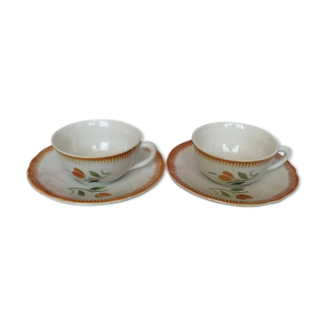 Set de 2 tasses et soucoupes anciennes Badonviller Fleur Orange et Vert - Service à Café ou Thé pour 2