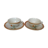 2 Old Badonviller Orange and Green Flower Cups and Sauces - Coffee or Tea Service for 2