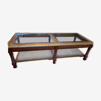 Table basse en bois, verre et cannage