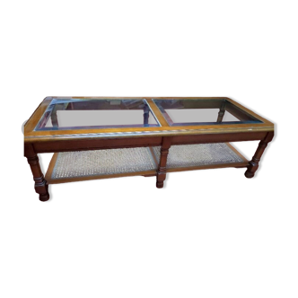 Table basse en bois, verre et cannage