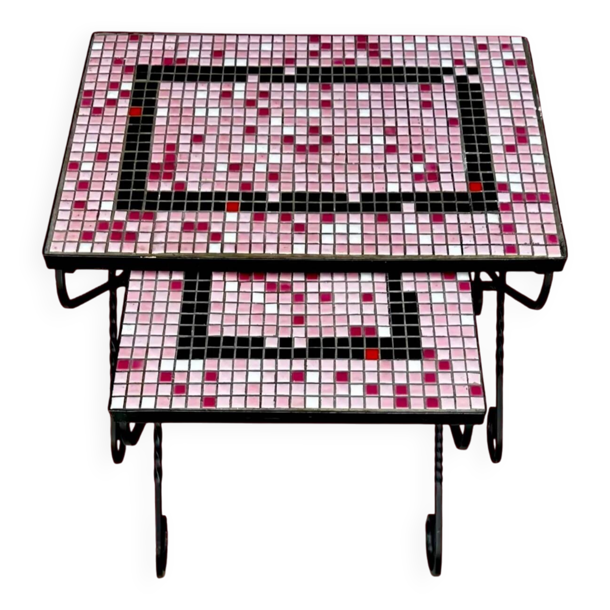 Pair of nesting tables in wrought iron and ceramic mosaic – 1950s-60s