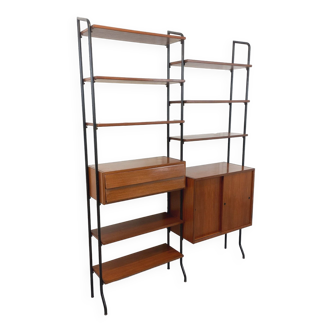 Vintage modular Italian double shelf bookcase in teak and metal from the 60s