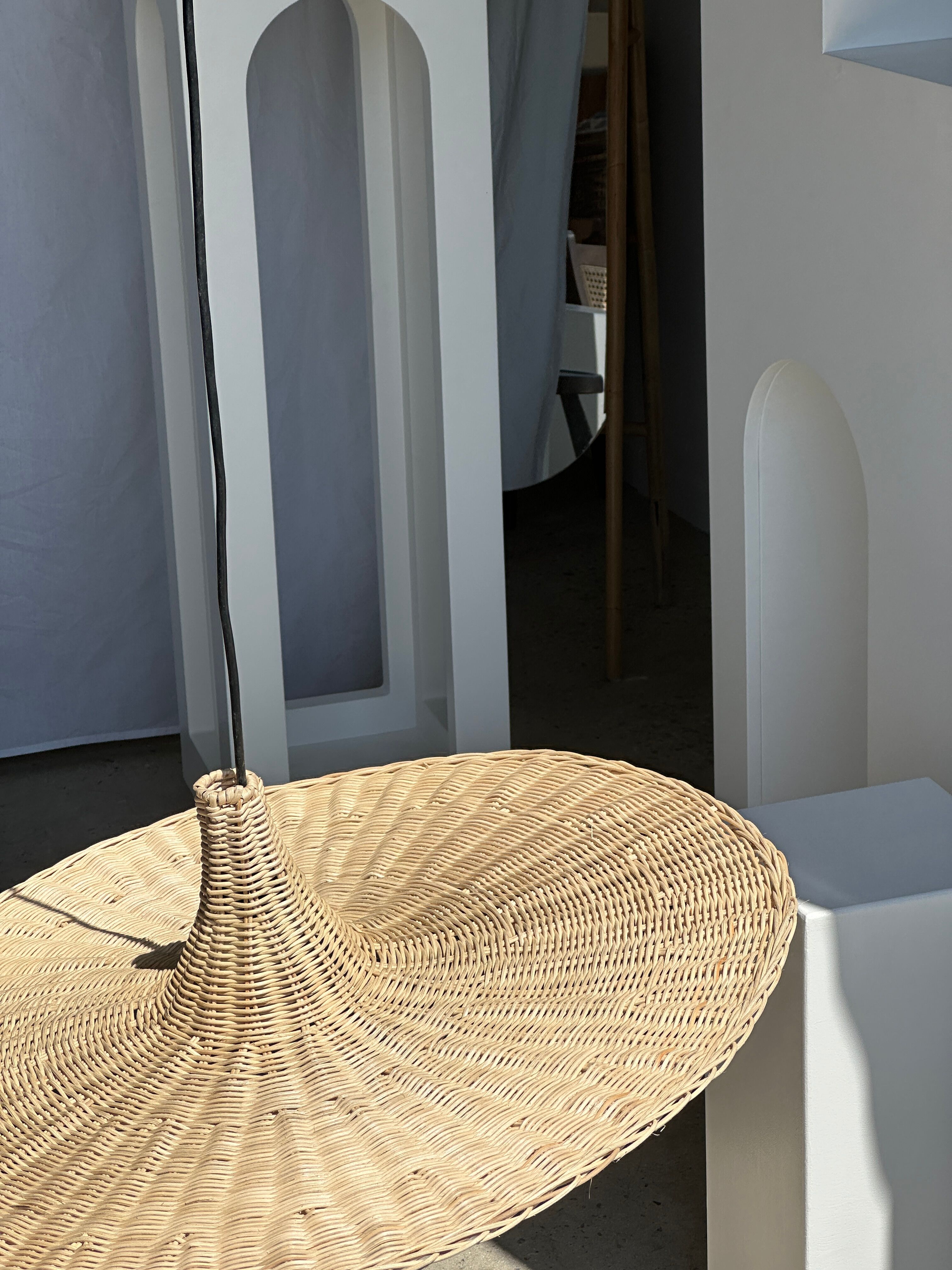Large suspension, rattan luminaire in hat shape D:80cm