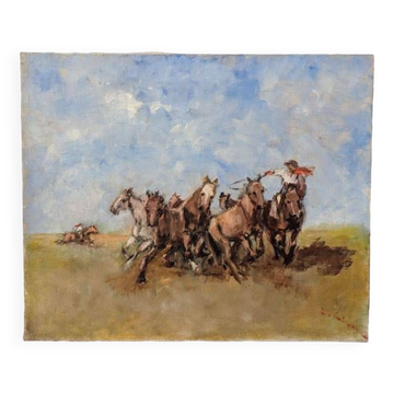 Huile sur toile "Les chevaux sauvages"