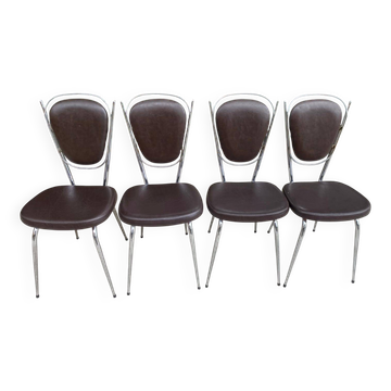 Set of 4 vintage chairs from the 60s/70s in brown faux leather with chrome compass legs.