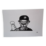 Woodcut engraving original print stamped numbered man and child motif from back