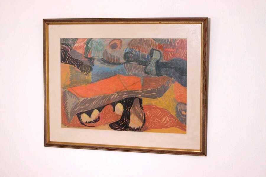 Original Swedish glazed pastel/oil on panel – abstract – glazed, vintage & framed – 86 × 66 cm (33.9" × 26.0")