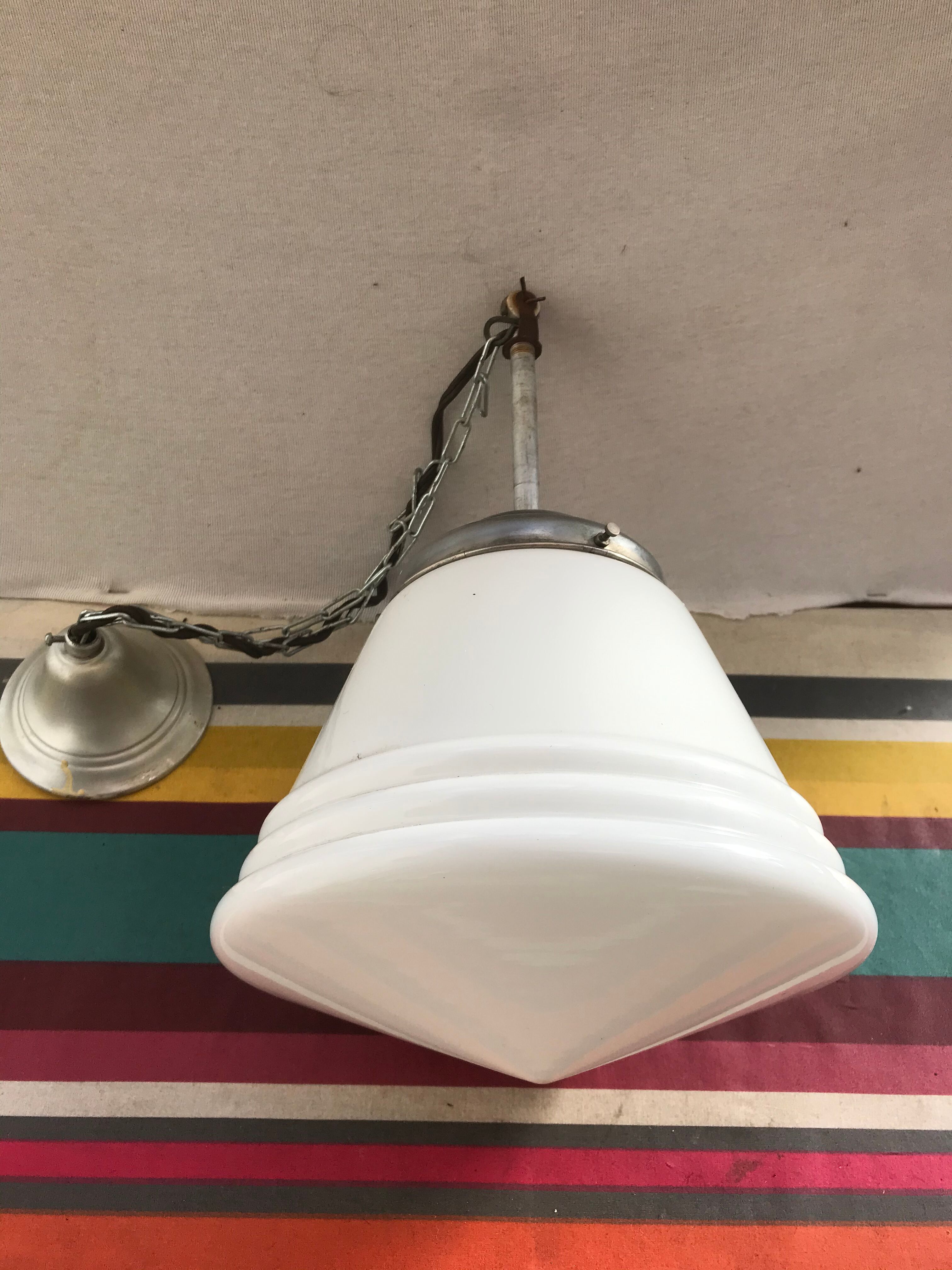 Old white opaline suspension - alu support 50 years vintage