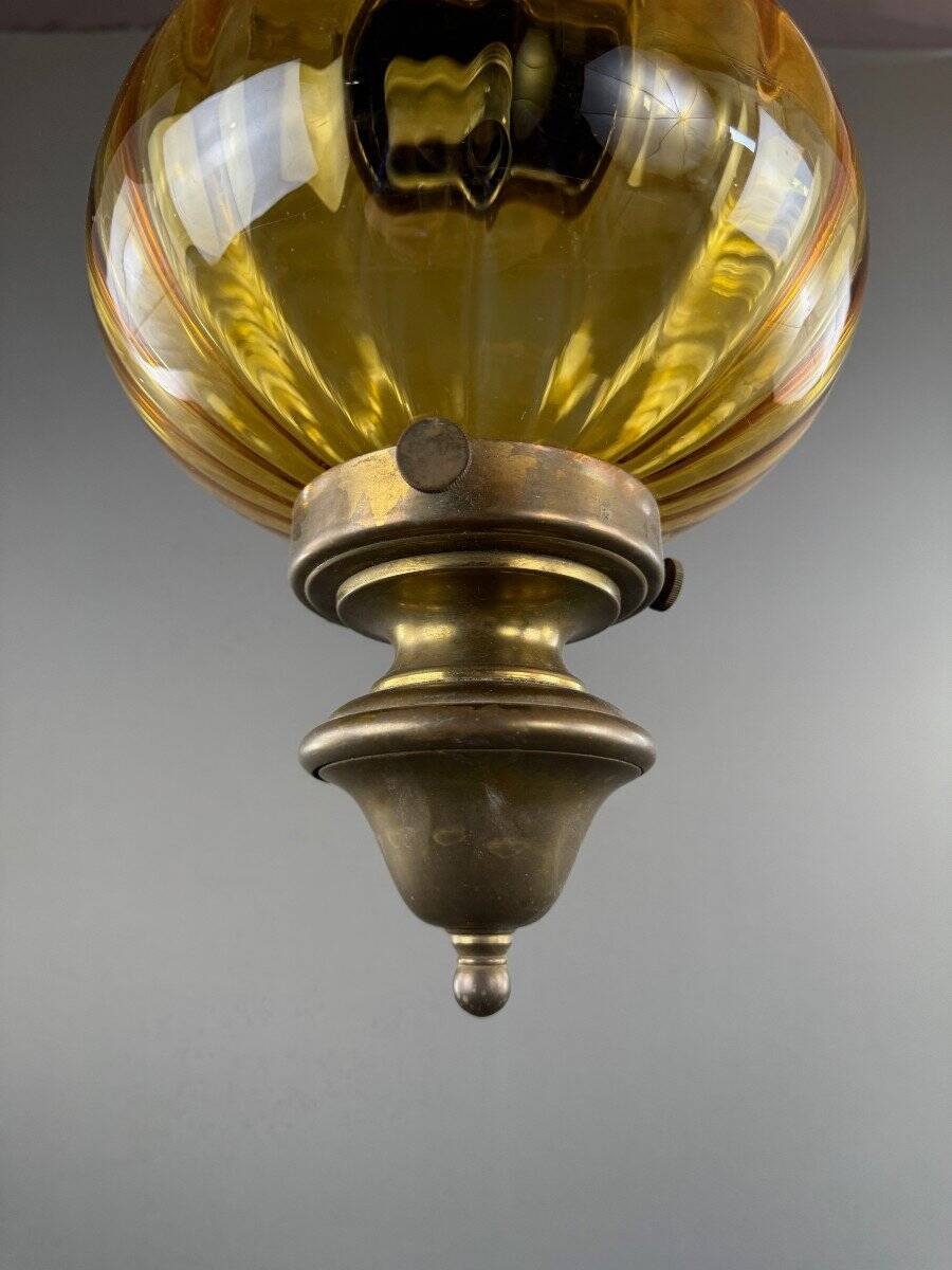 Pair of vintage amber blown glass lantern pendant lights, 20th century