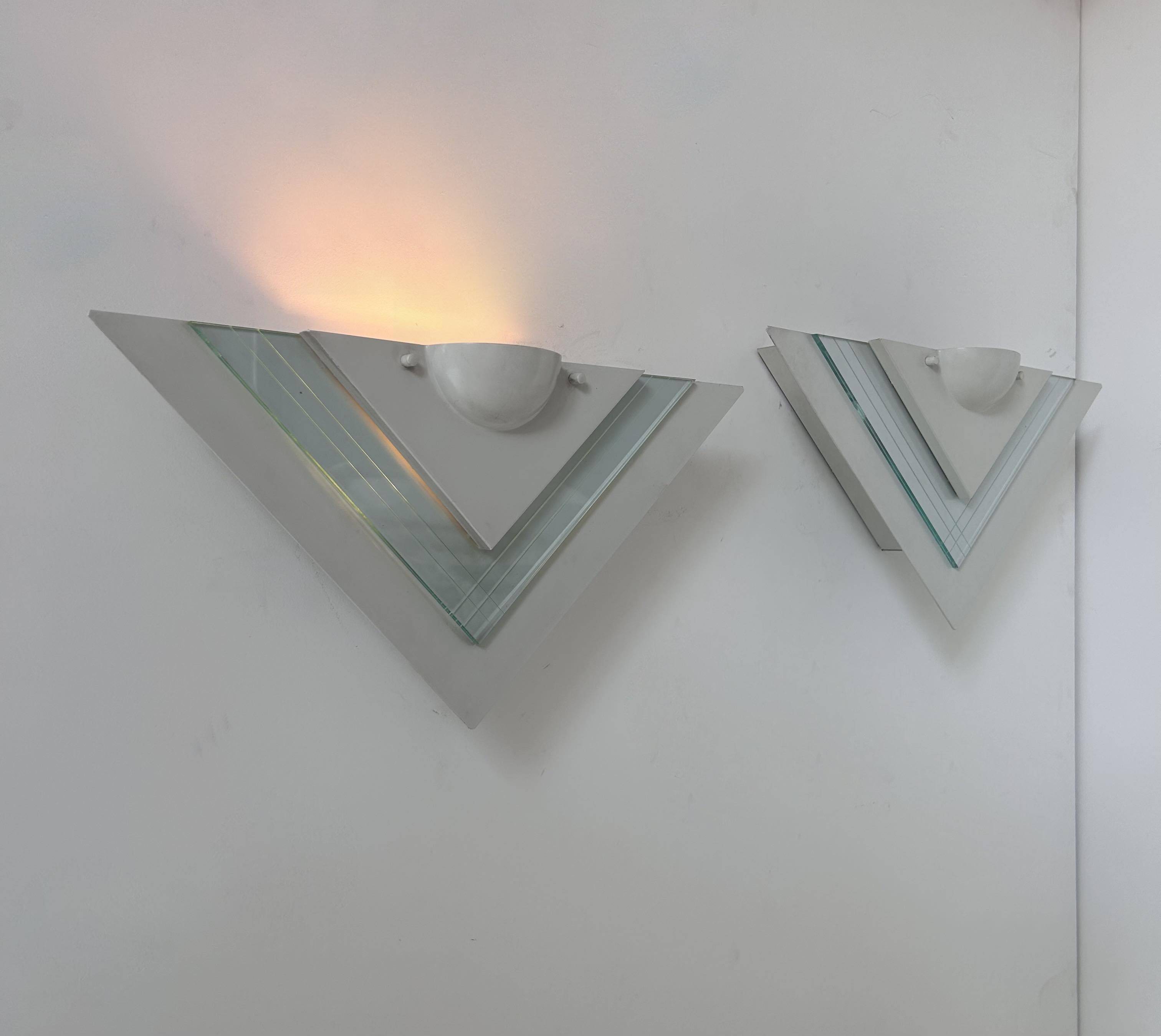 Pair of vintage wall lights, white lacquered metal and glass, Germany 1970s