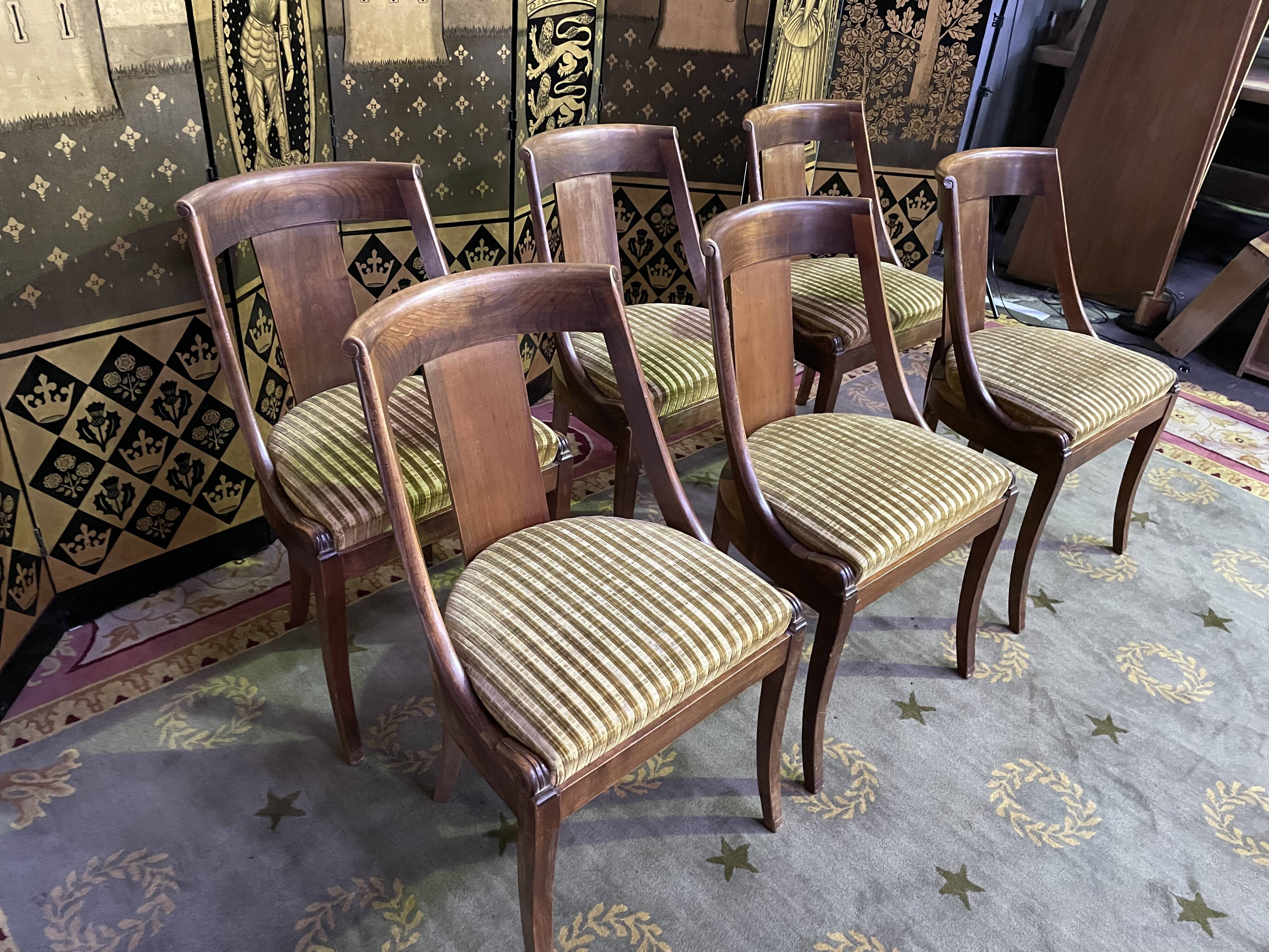 6 empire gondola chairs in mahogany and velvet