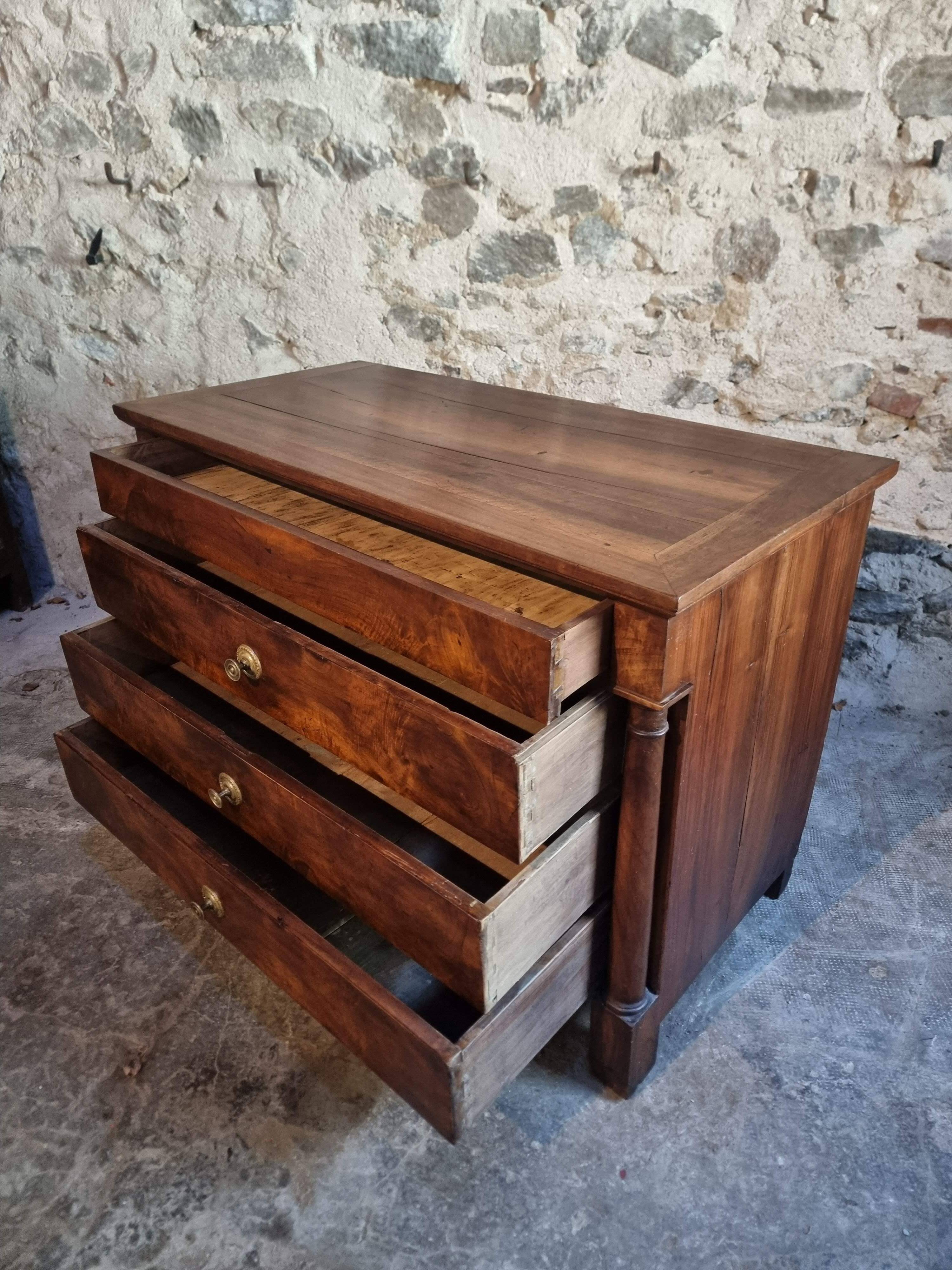 Antique French walnut commode, early 19th century (1800–1830), 4 drawers.
