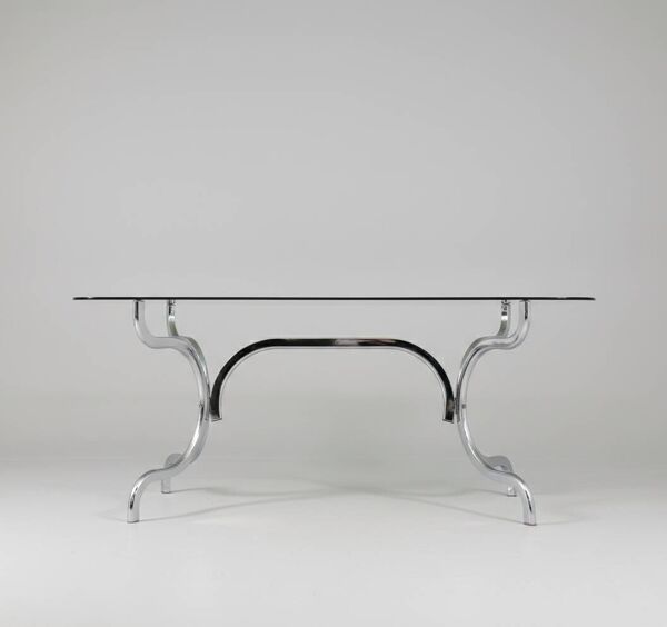 Table à manger en chrome et verre fumé - Gastone Rinaldi 1970