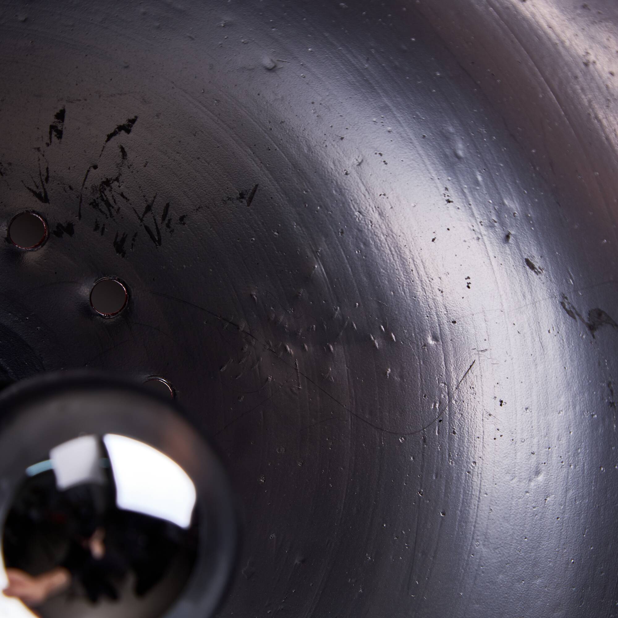 Italian, Hemispherical Red Aluminum Pendant with Round Holes on Top, 1970s