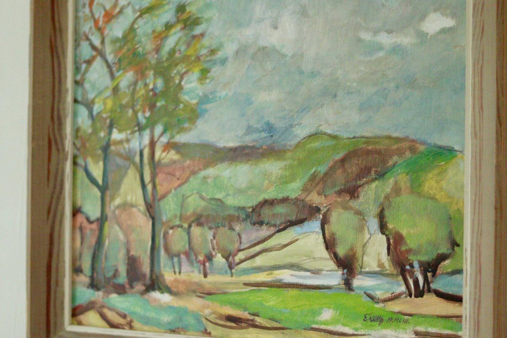 Huile sur panneau suédoise originale du milieu du siècle « Paysage avec arbres »