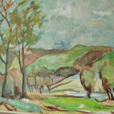 Huile sur panneau suédoise originale du milieu du siècle « Paysage avec arbres »