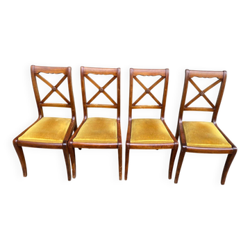 Set of 4 19th-century chairs in solid wood and mustard yellow velvet.