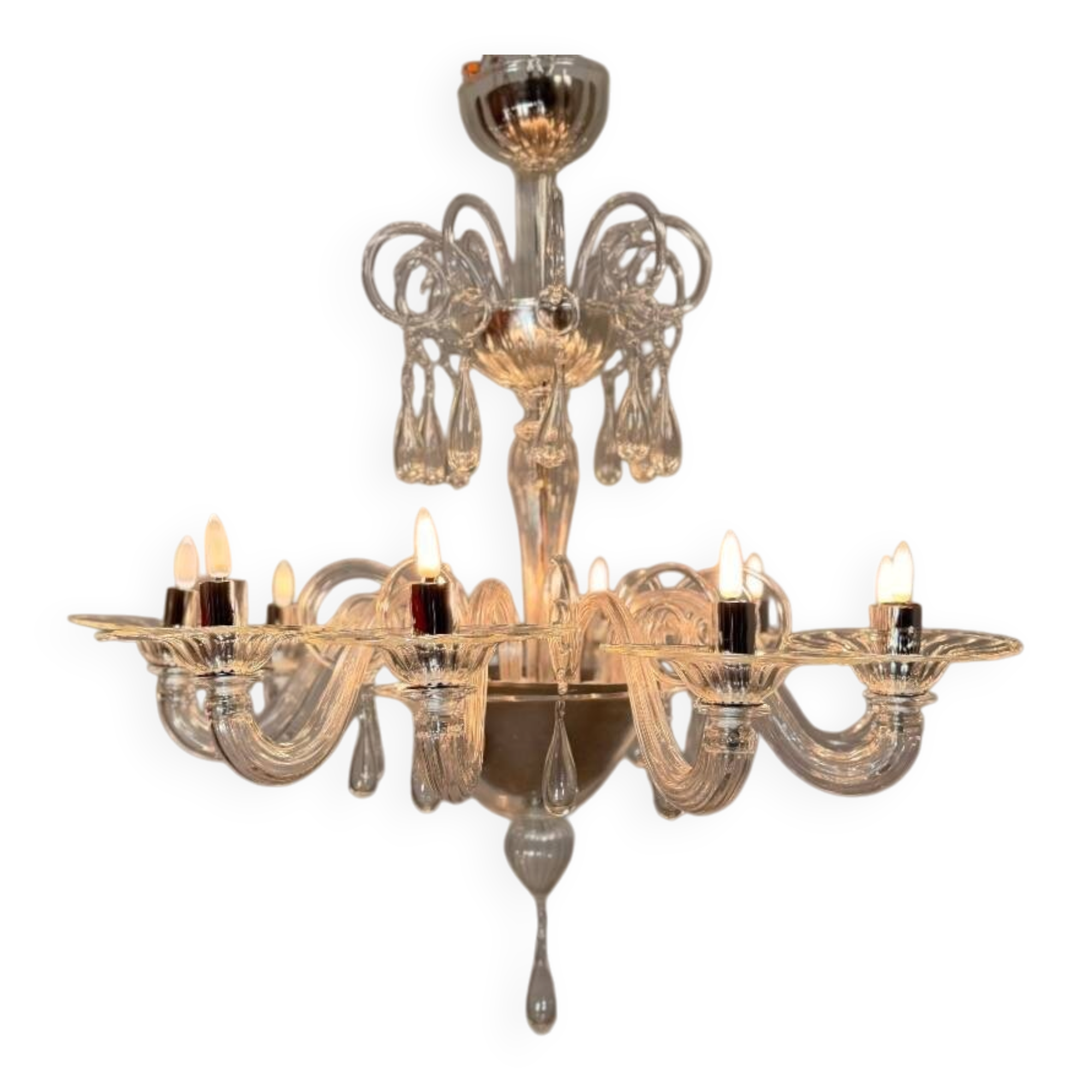 Venetian chandelier in transparent Murano glass with 10 light arms, circa 1980.