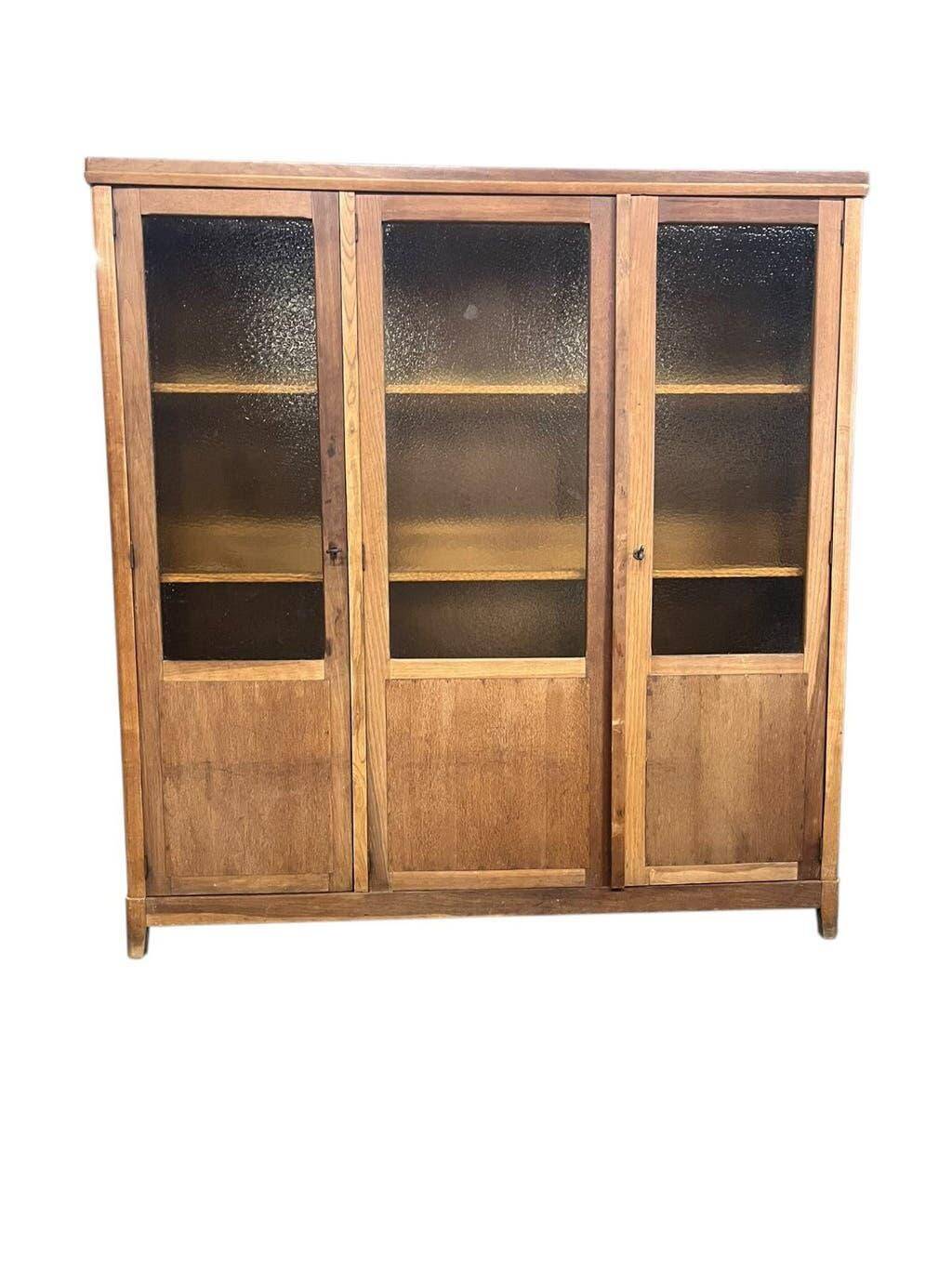 Vintage wooden display cabinet / wall cabinet with embossed yellow glass