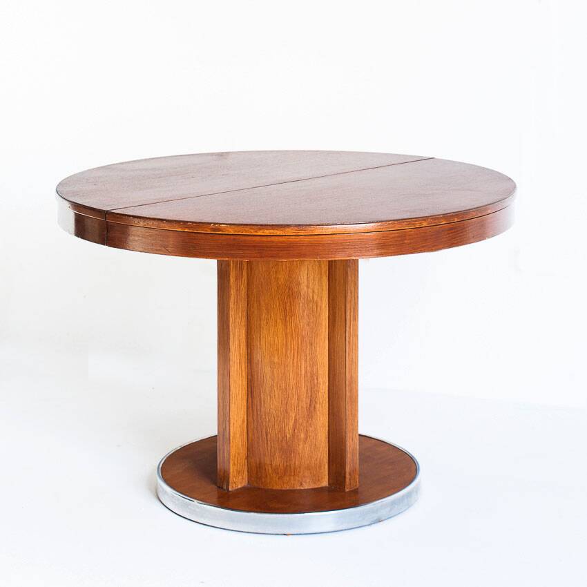 Dining table with a central extension. Vintage. Art Deco style. Varnished wood. France, 1960s.