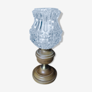 Lampe de chevet bureau base bois laiton globe verre moulé ancien vintage