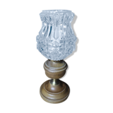 Lampe de chevet bureau base bois laiton globe verre moulé ancien vintage