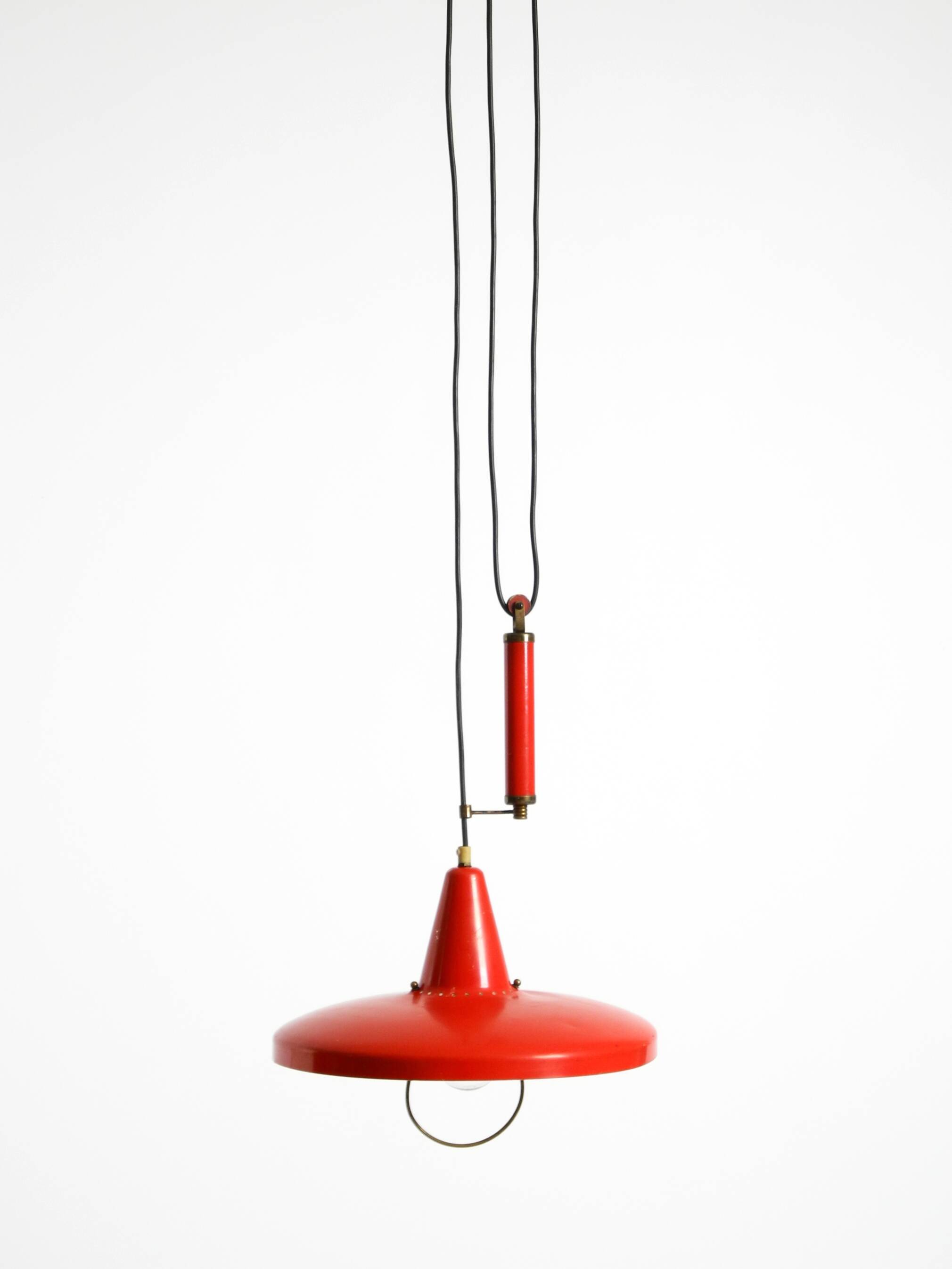 Mid-Century Modern red aluminum pendant lamp, height adjustable, Italy